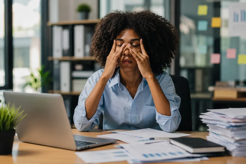 an afro american woman emotional stressed at work