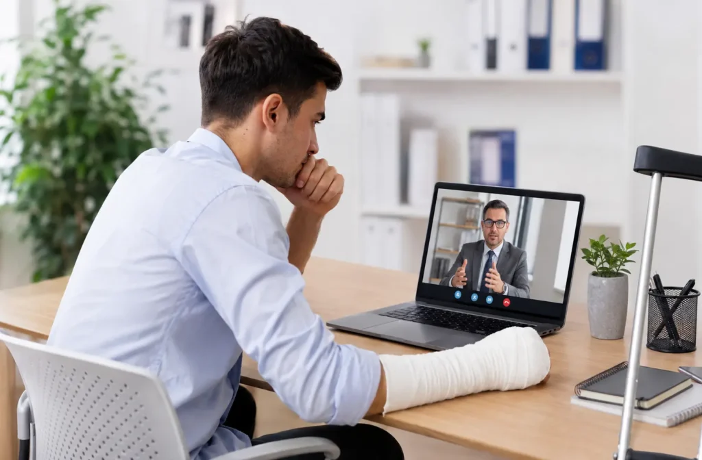 injured man being fired on an online meeting