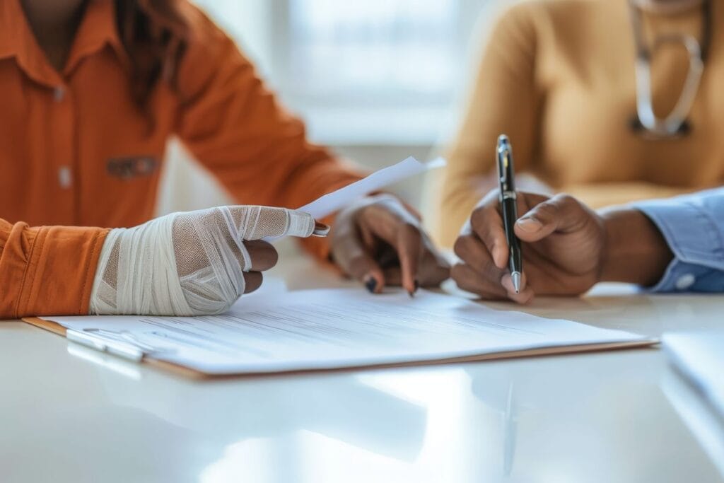 woman worker signing a paper with an injured hand