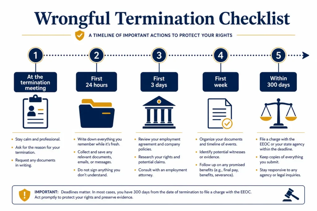 Wrongful termination checklist timeline showing steps from termination meeting to EEOC filing