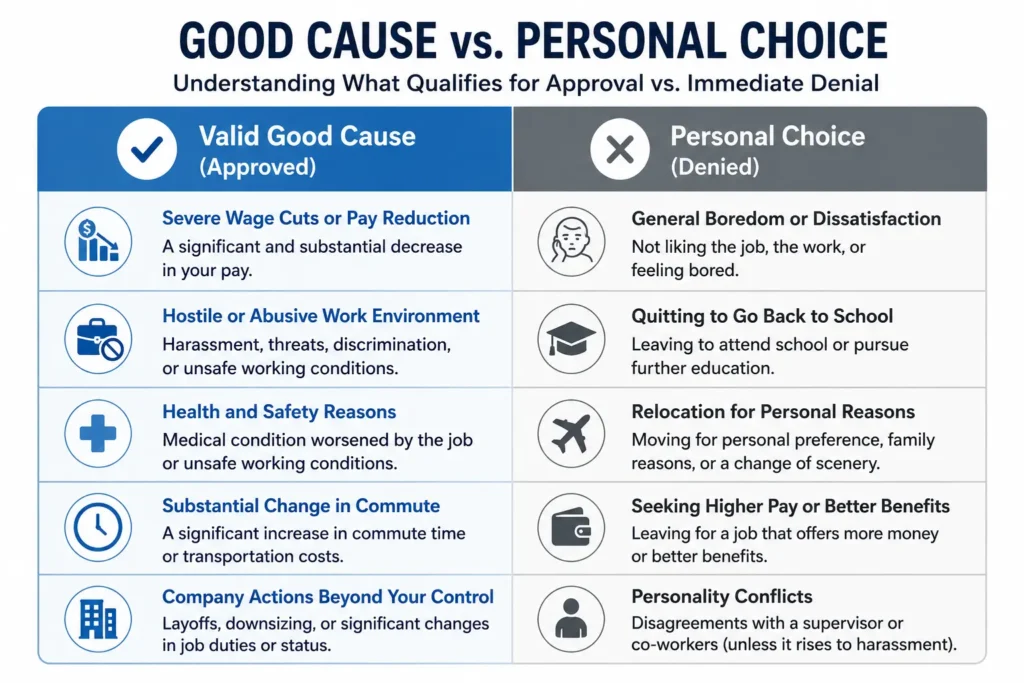 Comparison table of valid good cause reasons versus invalid personal reasons for quitting a job.