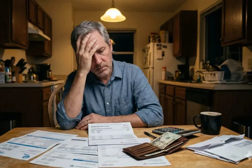 A realistic, high-quality photograph of a stressed American worker holding a 1099-NEC tax form