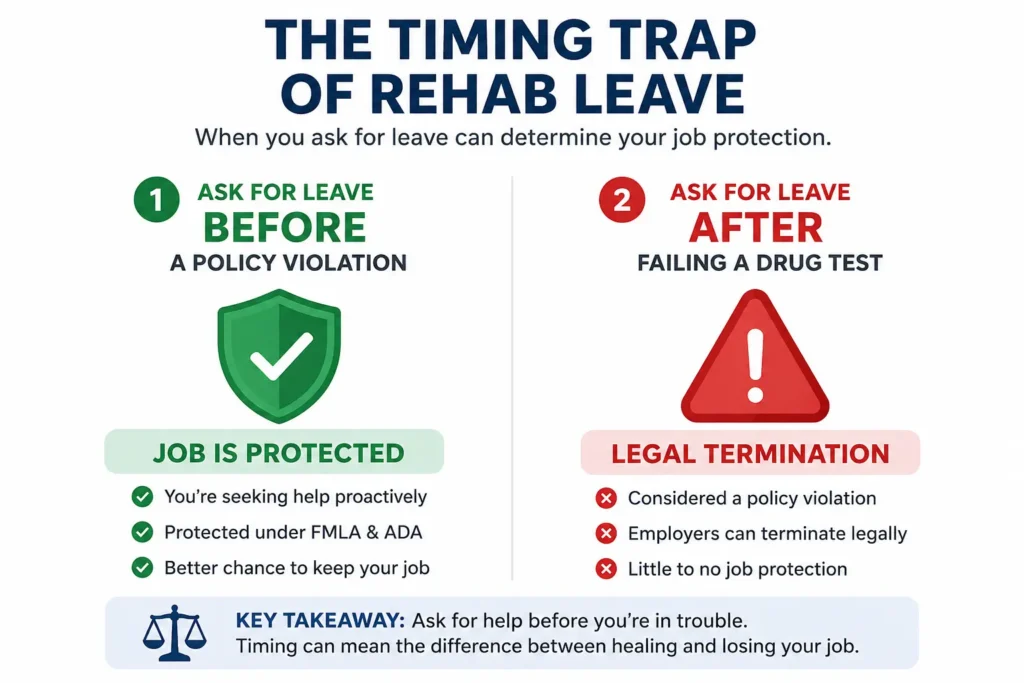 Infographic comparing job protections when asking for rehab leave before versus after failing a drug test
