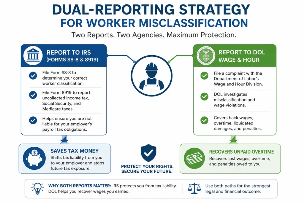 Infographic explaining the two-step process of reporting misclassification to the IRS for taxes and the DOL for unpaid overtime