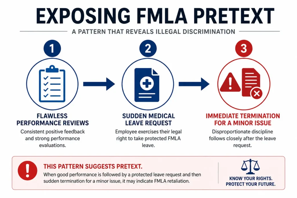 Infographic outlining the timeline used to prove an employer committed illegal FMLA retaliation through a pretextual firing