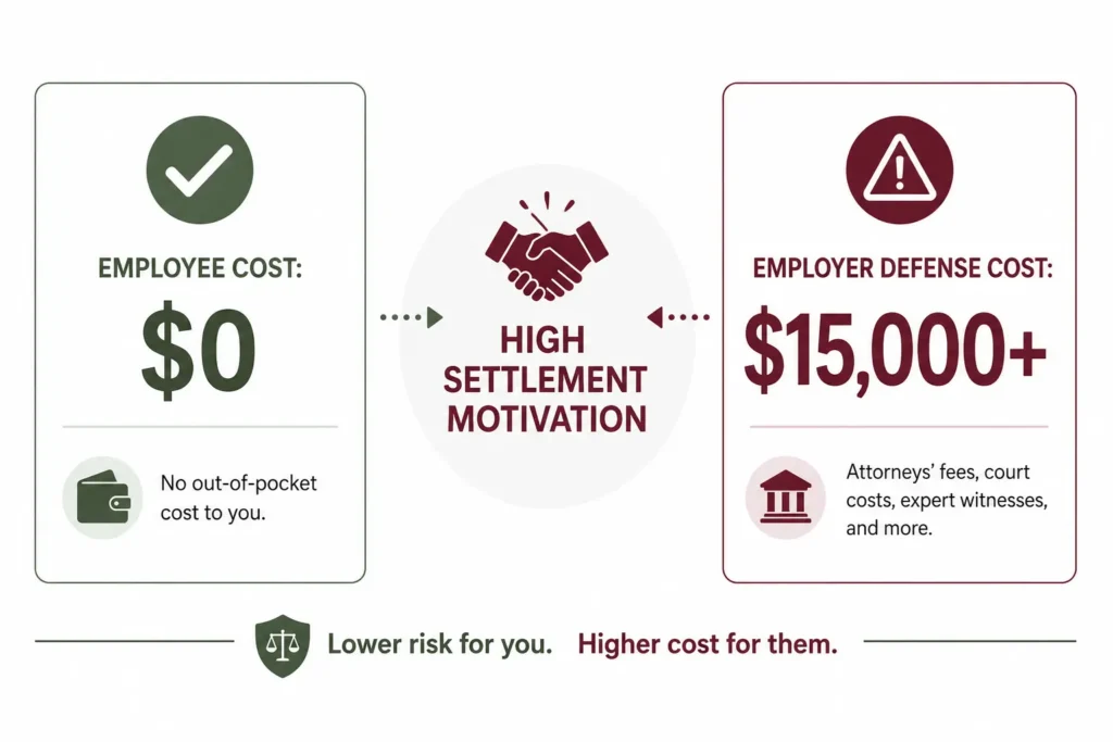 Infographic showing the high financial cost for employers defending an EEOC complaint compared to the free filing process for employees.