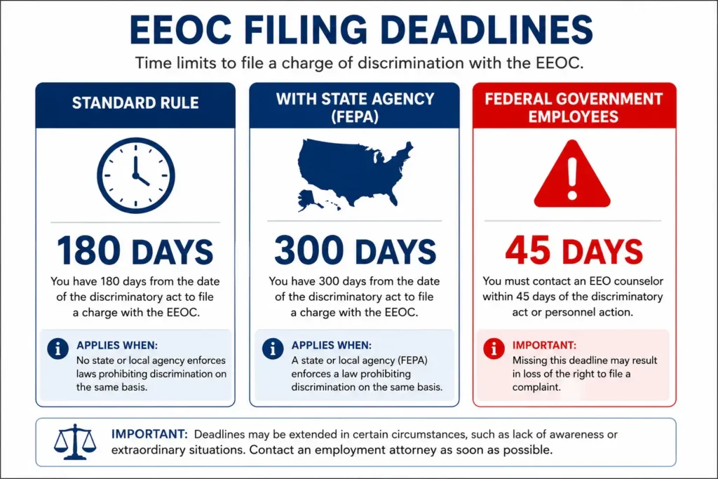 Infographic showing Strict Timelines for EEOC Complaints