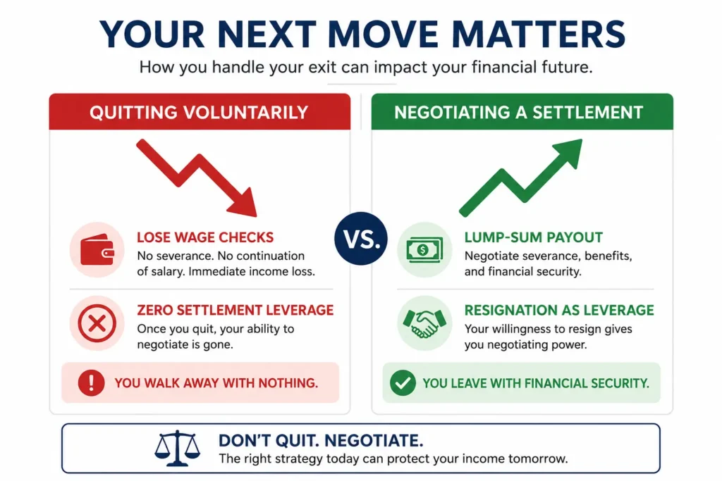 Infographic showing why negotiating a workers comp settlement is financially better than quitting voluntarily