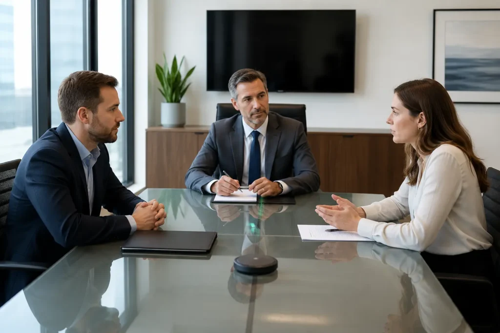 Employee and employer representatives sitting across a conference table during an EEOC mediation session