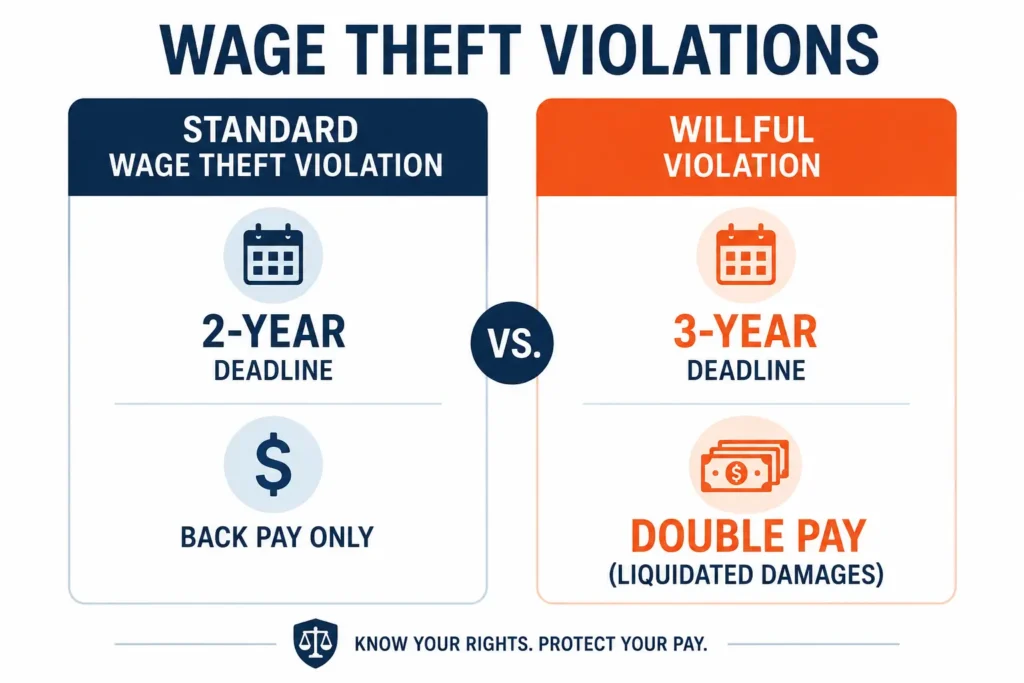 Infographic comparing standard and willful wage theft violations regarding statute of limitations and liquidated damages.