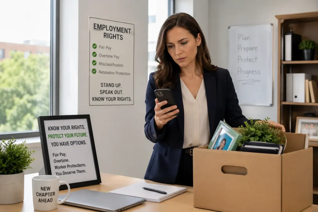 Employee packing their desk into a box while researching how to file an EEOC complaint on their phone.