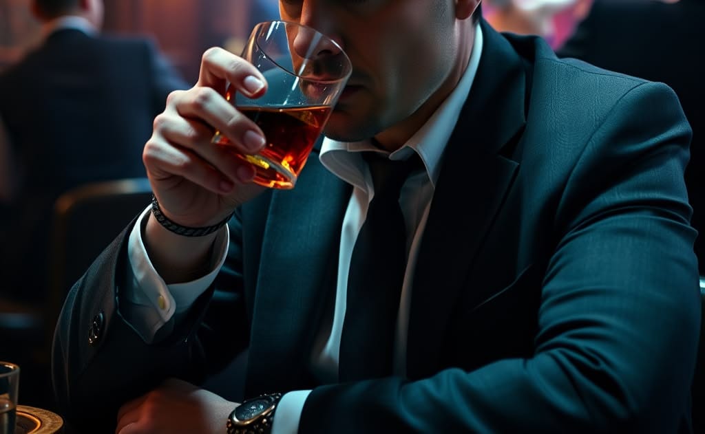 man on a suit drinking alcohol
