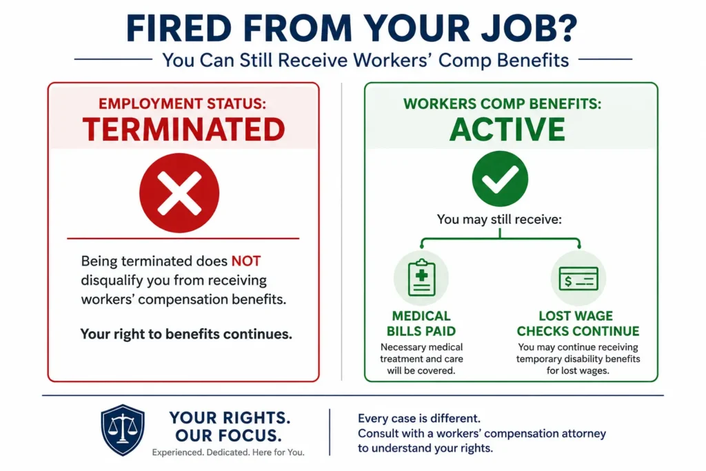Infographic showing that workers' compensation benefits continue even if an employee is terminated.