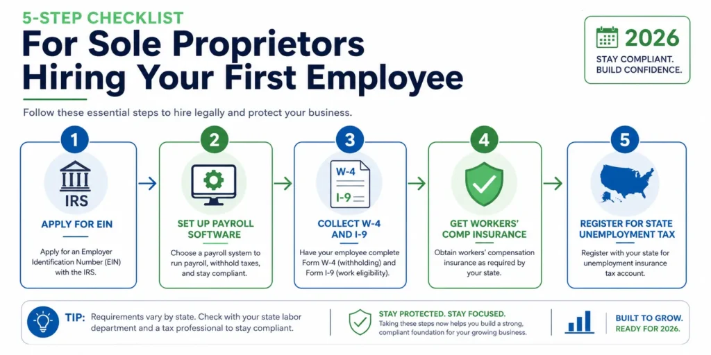 Sole proprietor hiring checklist — 5 steps before your first employee in 2026