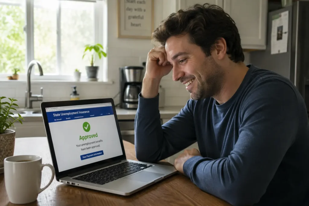 Unemployed worker looking at an approved state unemployment application online after being fired