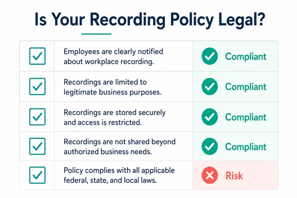 Checklist graphic for a compliant workplace audio recording policy — 2026 ECPA and state law standards