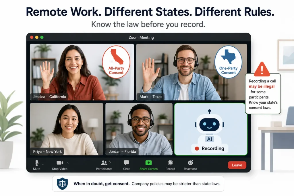 Diagram showing cross-state remote work audio recording risk — California all-party vs. Texas one-party consent