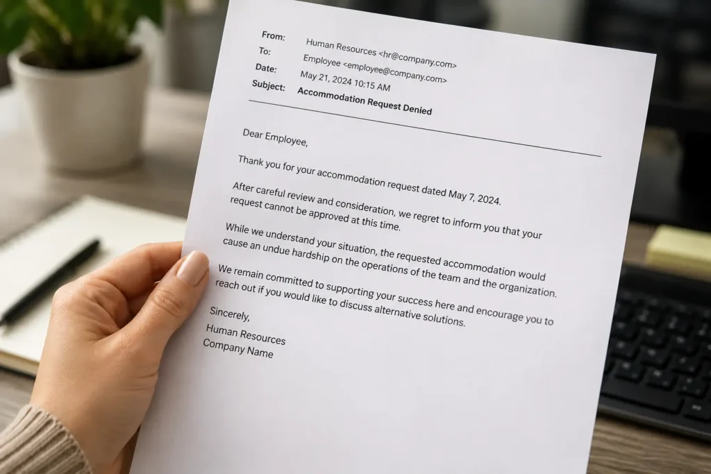 Employee holding HR email denying ADA medical accommodation