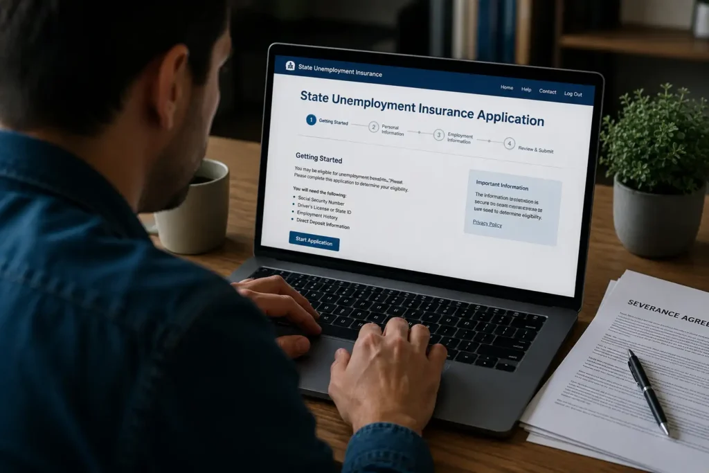 Worker applying for unemployment benefits online while referencing severance documents