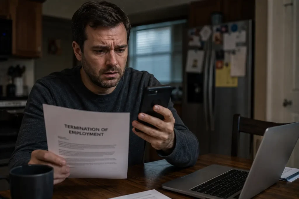 Stressed employee reading a termination letter and searching for legal rights on a smartphone.