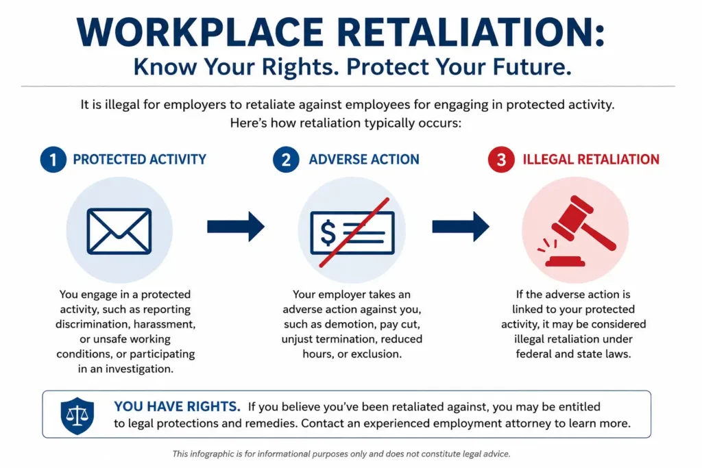 Infographic outlining the three legal steps that prove illegal retaliation after reporting workplace harassment