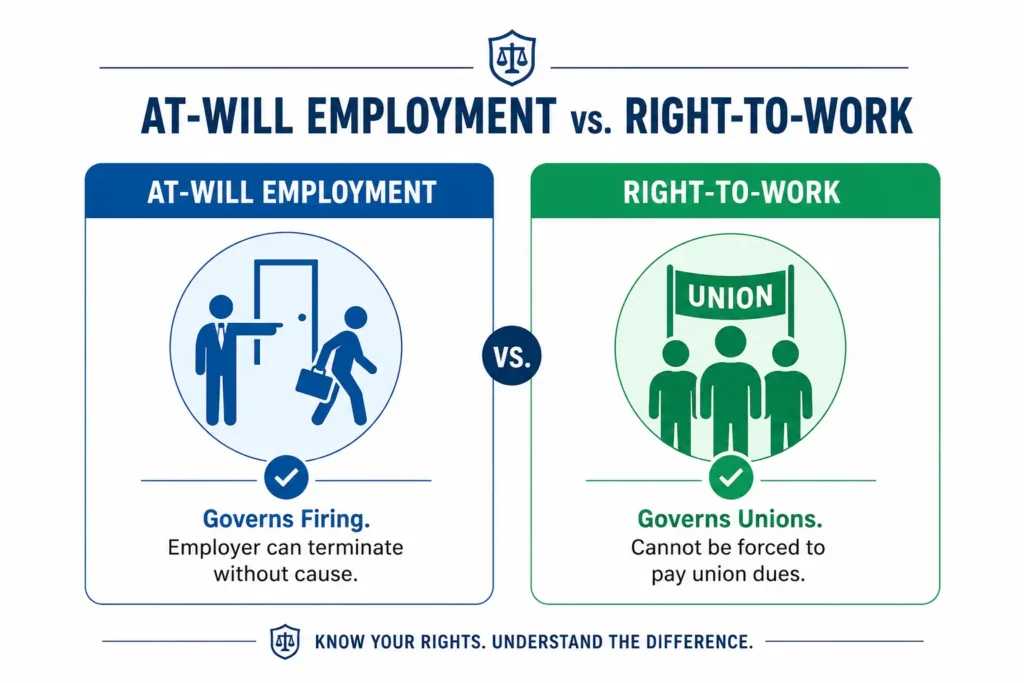 Infographic explaining the legal difference between At-Will Employment and Right-to-Work laws
