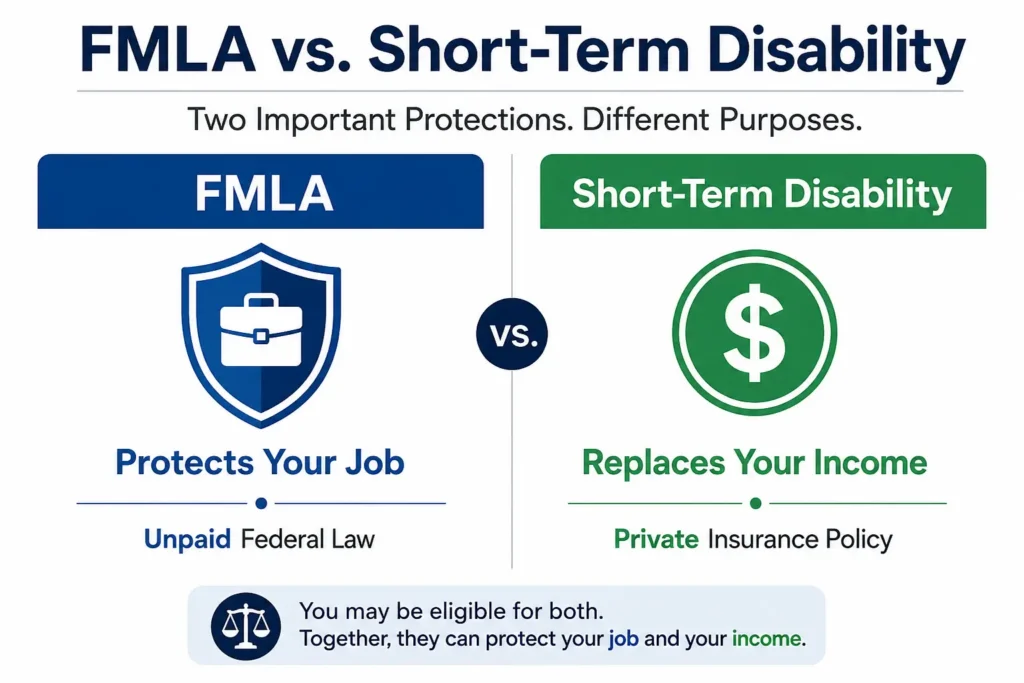 Infographic explaining that FMLA protects your job while Short-Term Disability replaces your income