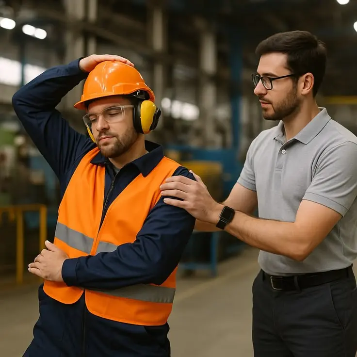 Exhausted worker rubbing lower back while standing on a concrete floor