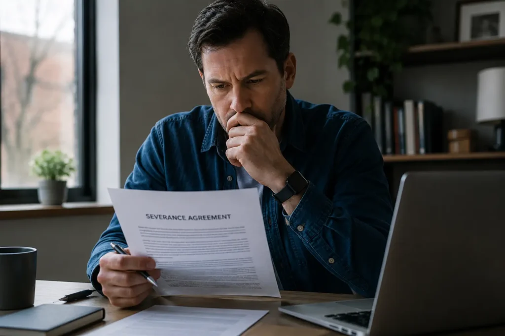 Employee reviewing a severance pay agreement before filing for unemployment