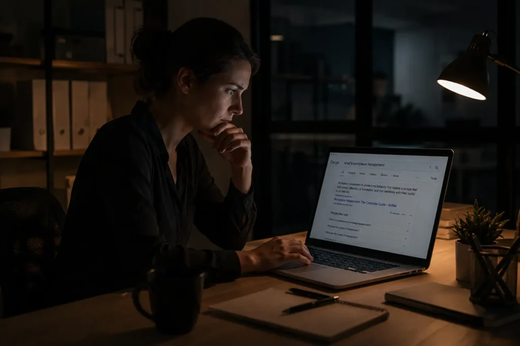 Stressed employee working late at night researching what's workplace harassment