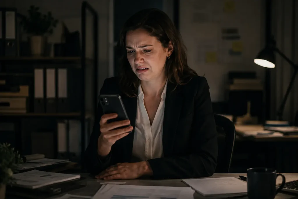 Stressed employee looking at an offensive text message on their smartphone at work.