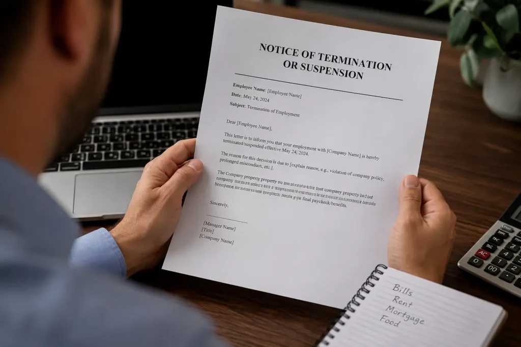 Worker reading a formal letter of suspension from an employer