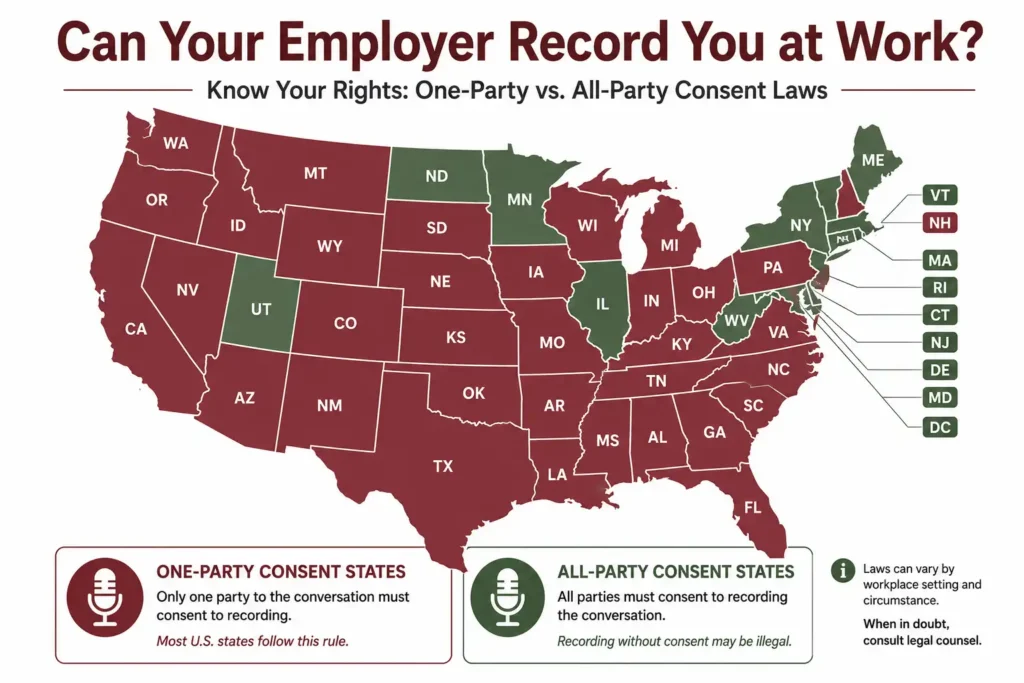 U.S. map showing one-party vs. all-party consent states for workplace audio recording laws in 2026