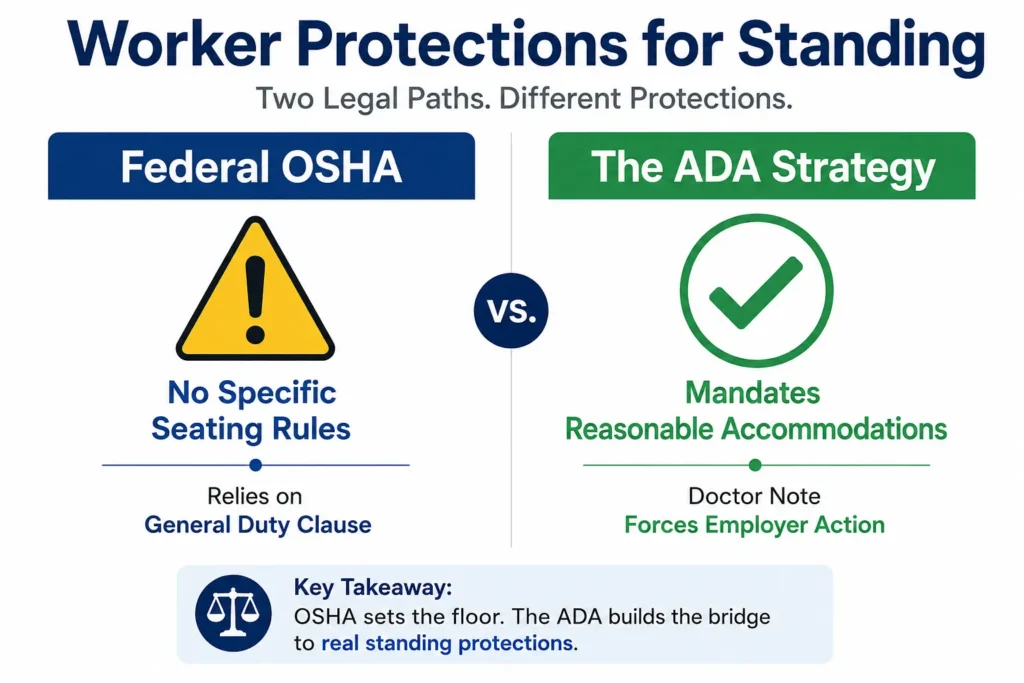 Infographic explaining why the ADA is a better legal tool than OSHA for getting a chair at work