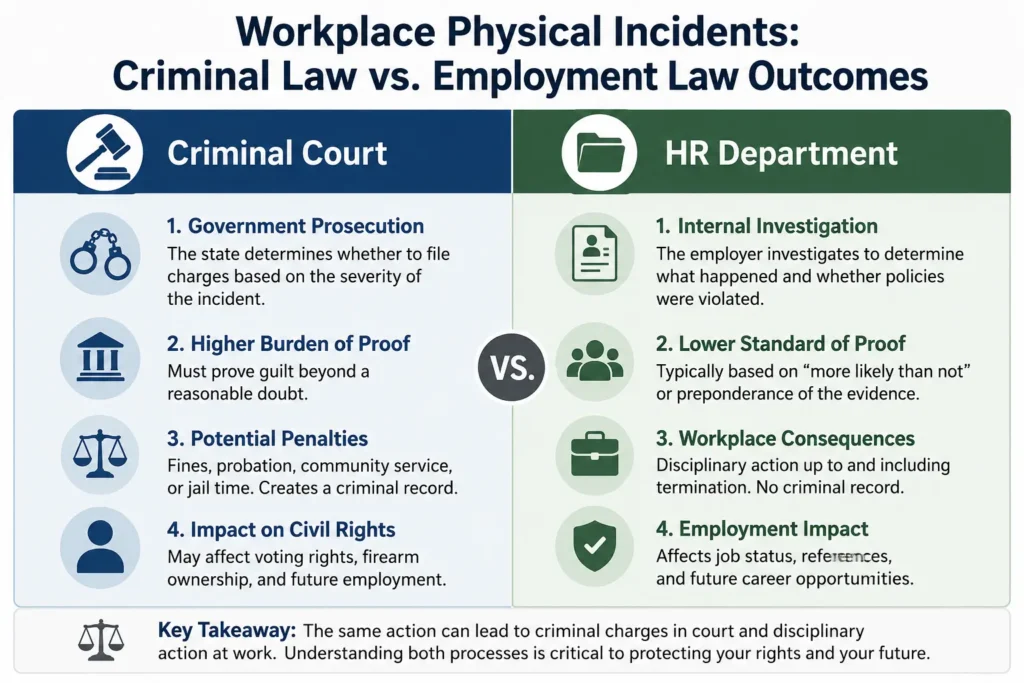Infographic showing difference between criminal self-defense and HR zero-tolerance policy after slapping coworker at work