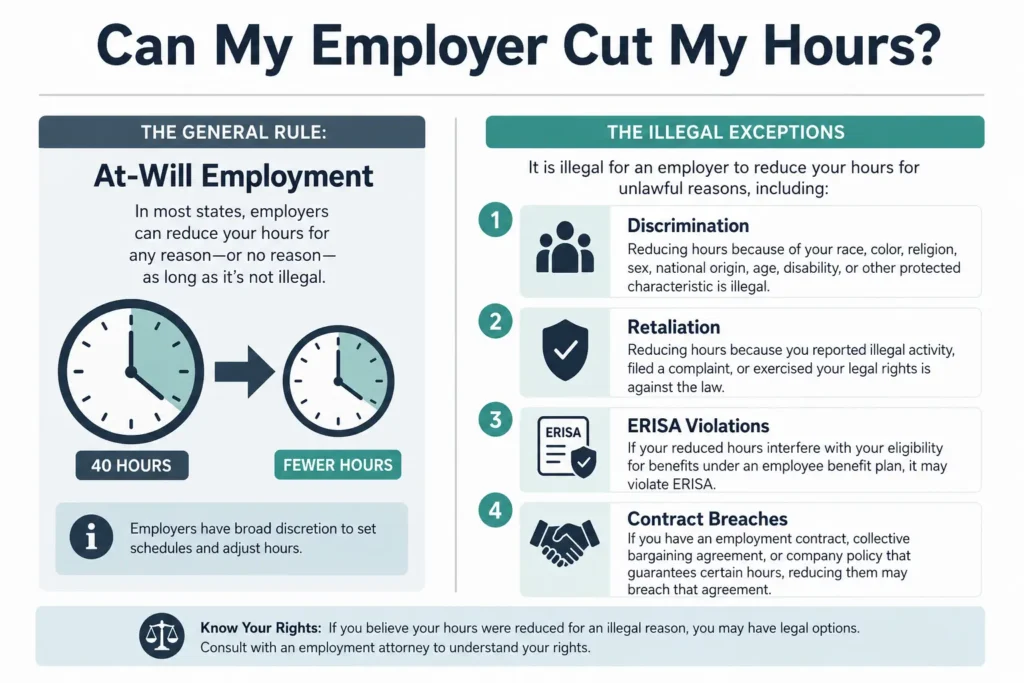 Infographic showing when an employer can legally cut hours for full-time workers under US labor laws.