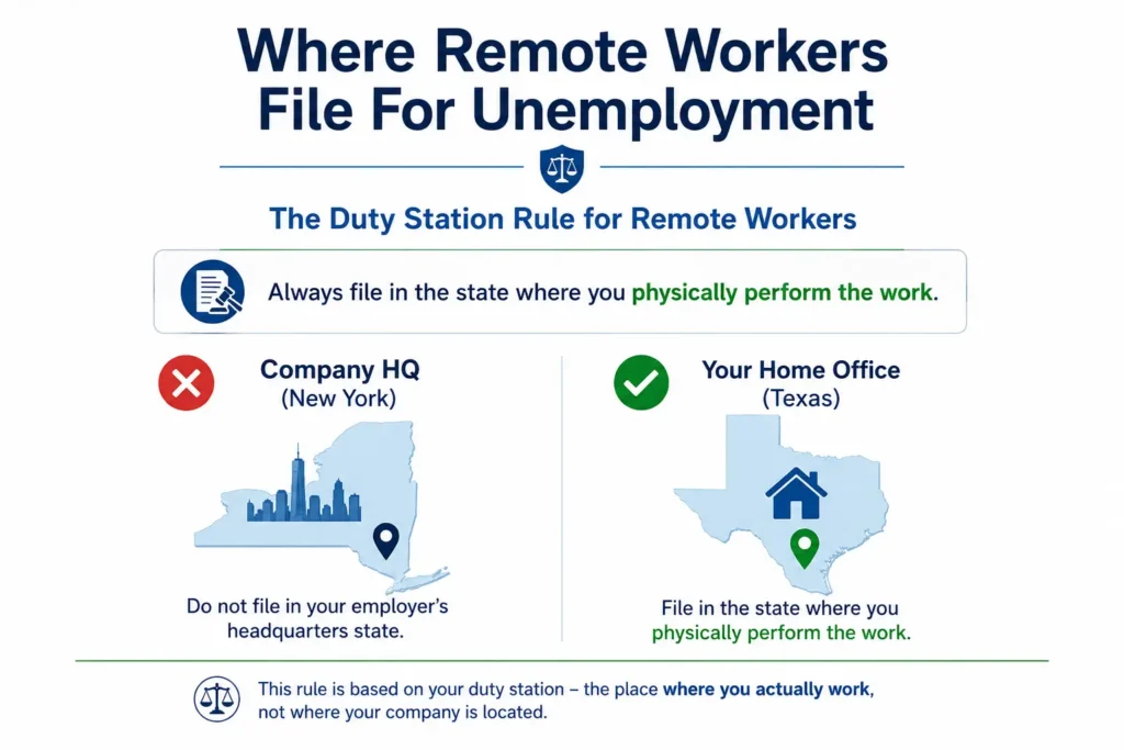 Infographic explaining that remote workers must file for unemployment in the state where they physically work