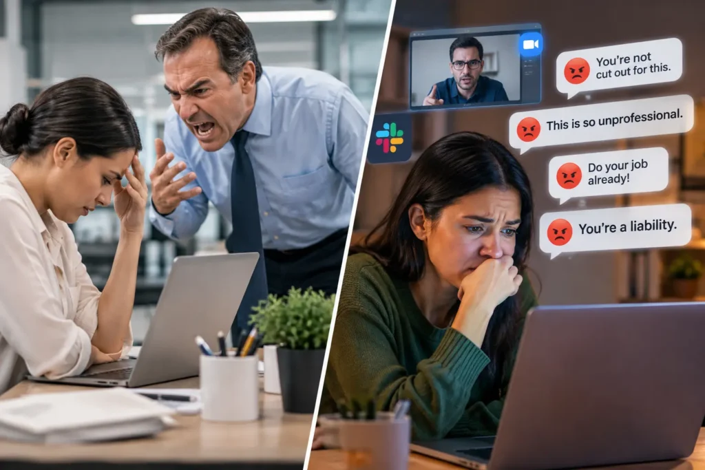 Illustration comparing an in-person hostile work environment with virtual harassment over video calls and chat apps