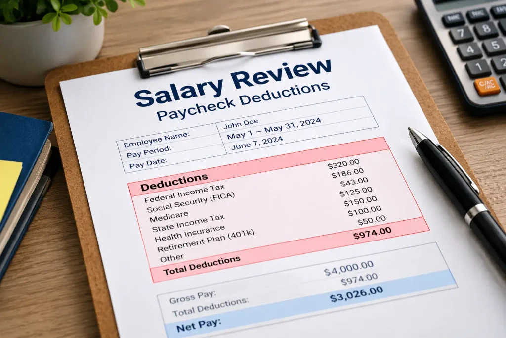 A clipboard with a salary review document highlighting paycheck deductions.