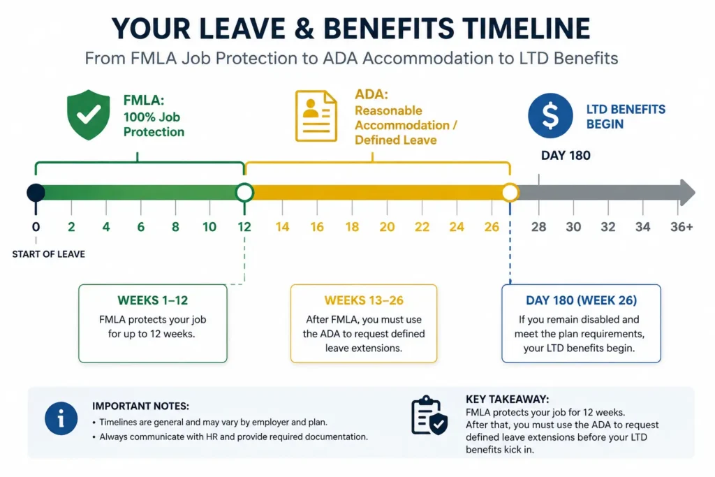 Timeline showing the transition from 12-week FMLA job protection to ADA extensions and the start of LTD insurance benefits.