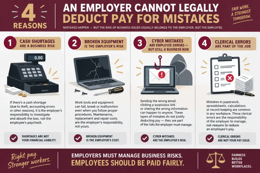 Infographic listing 4 reasons an employer cannot legally deduct pay for mistakes