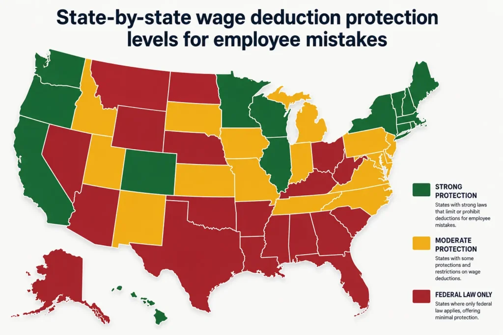U.S. map showing state-by-state wage deduction protection levels for employee mistakes