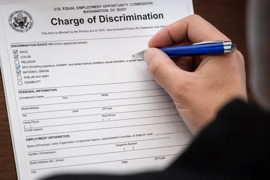 Worker carefully checking the correct legal boxes on an EEOC Charge of Discrimination form.