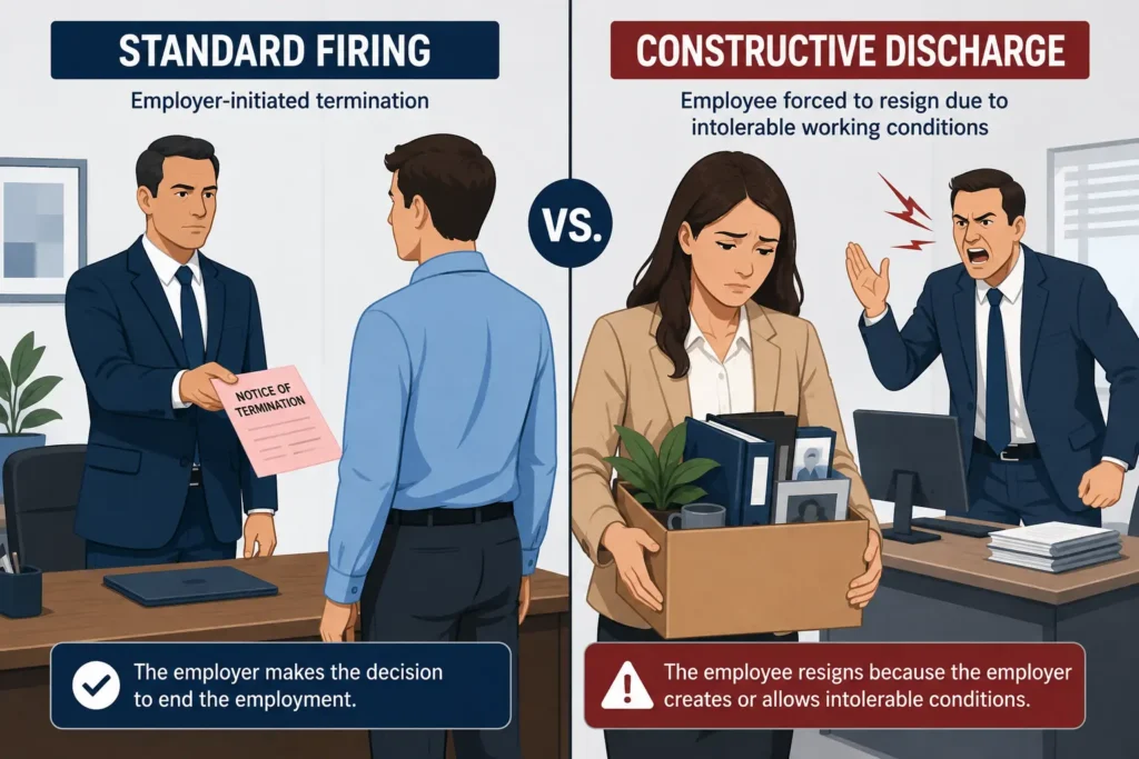 Illustration comparing a formal termination meeting with a worker being forced to quit due to a hostile work environment.