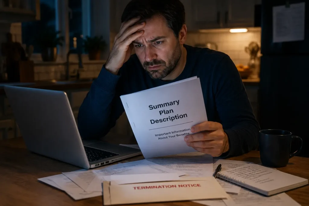 Anxious worker reading their Summary Plan Description to find out when their health insurance expires after being fired.