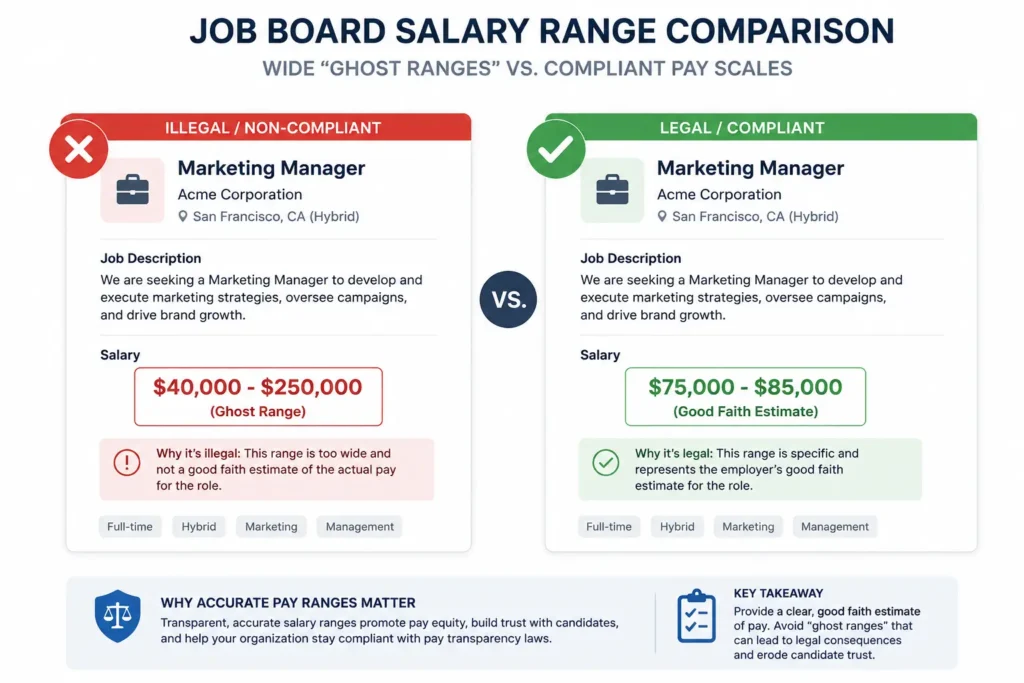 Comparison of an illegal wide salary range versus a legal, compliant pay scale on a job board.