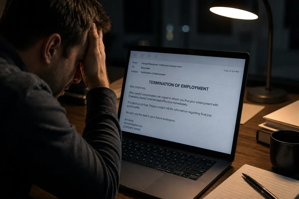 Stressed American worker looking at a computer screen showing job termination papers at night.