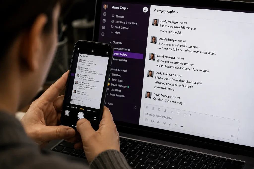 Employee documenting workplace retaliation by taking screenshots of hostile messages from a manager.