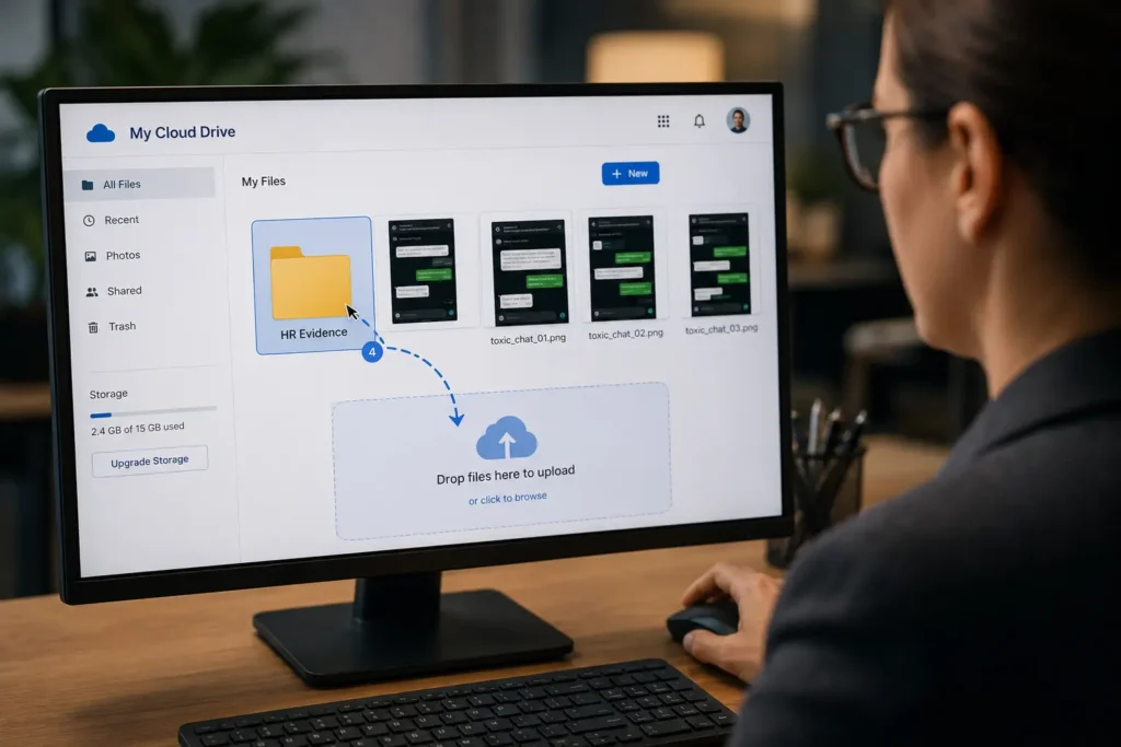 Employee documenting workplace harassment by saving screenshots of toxic remote work chats.