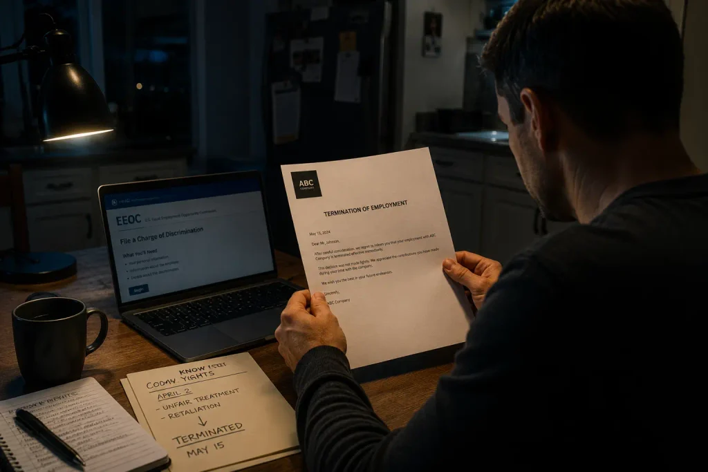Worker reviewing a termination letter, preparing to file an EEOC retaliation claim after complaining to HR.